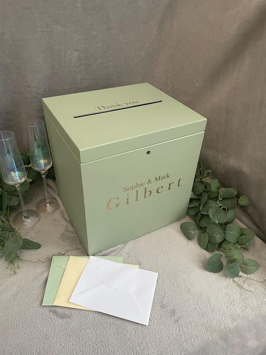 Personalised SAGE slotted wedding card box, slotted Wedding post box, lockable Wedding card box, wooden Wedding box, wedding keepsake box.