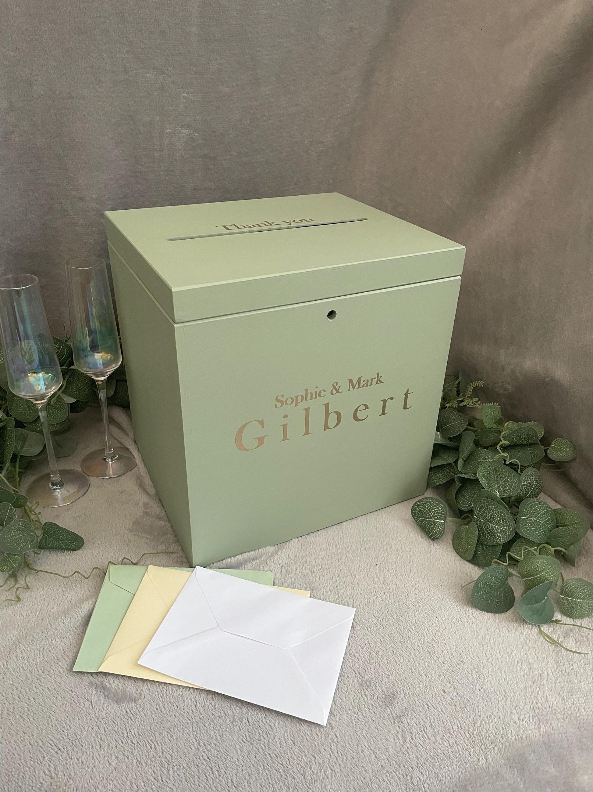 Personalised SAGE slotted wedding card box, slotted Wedding post box, lockable Wedding card box, wooden Wedding box, wedding keepsake box.