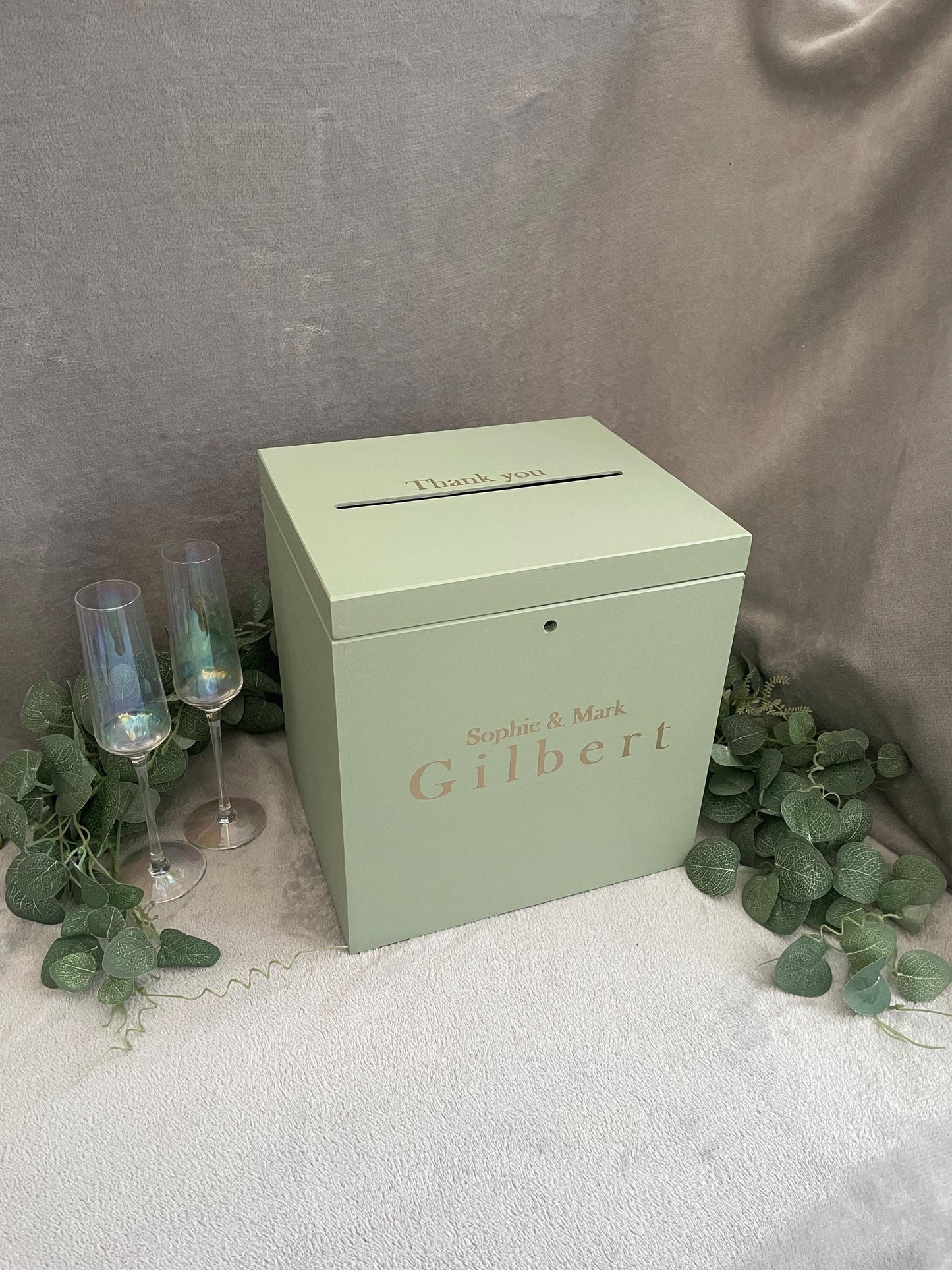 Personalised SAGE slotted wedding card box, slotted Wedding post box, lockable Wedding card box, wooden Wedding box, wedding keepsake box.