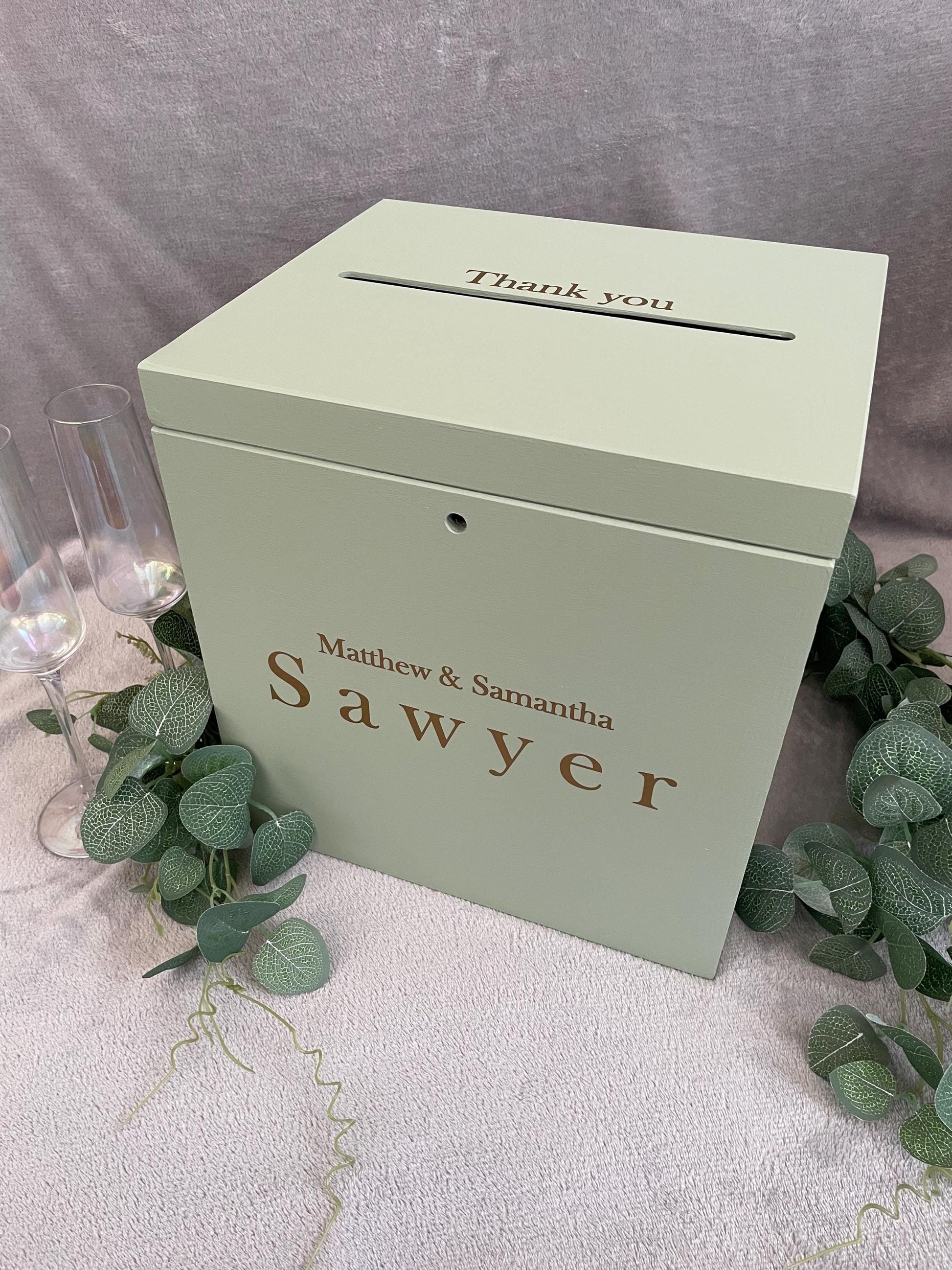 Personalised SAGE slotted wedding card box, slotted Wedding post box, lockable Wedding card box, wooden Wedding box, wedding keepsake box.