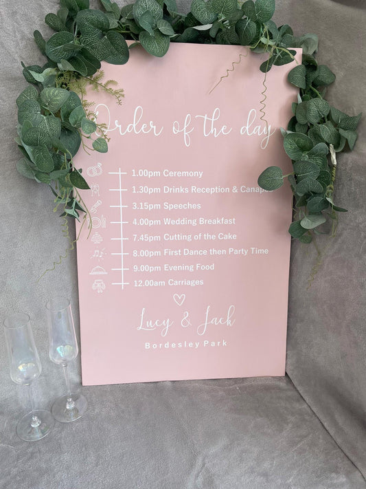 Wooden BLUSH order of the day sign, Order of events decor.