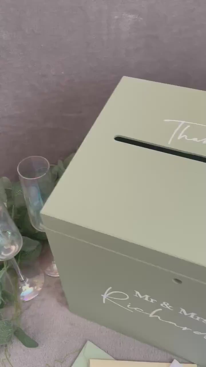 Personalised SAGE slotted wedding card box, slotted Wedding post box, lockable Wedding card box, wooden Wedding box, wedding keepsake box.